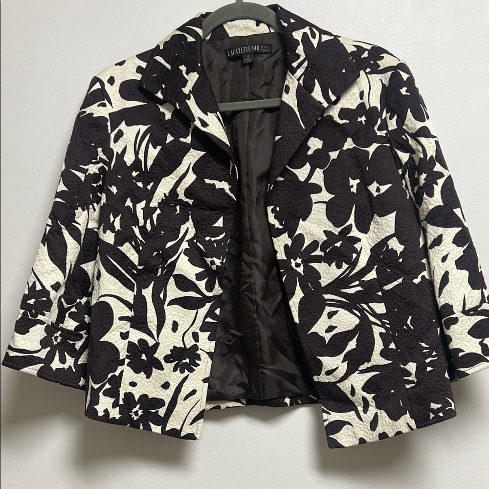 Lafayette 148 New York Chocolate Brown Ivory Floral Blazer 3/4 Sleeve Jacket Med